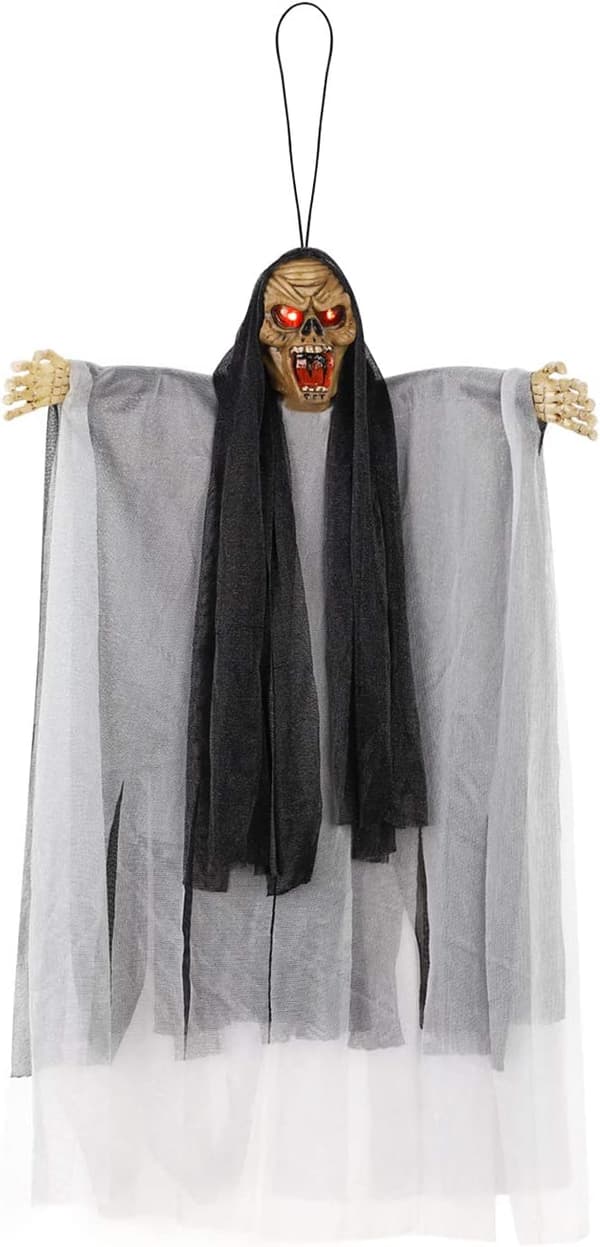 20\" Scary Halloween Hanging Ghost with Spooky Scream and Glowing LED Red Eyes (Black)