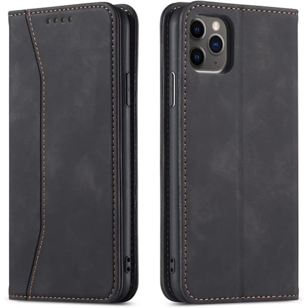 För iPhone 11 -16 Magnetiskt Läder Telefonfodral, Premium Läder Flip Fodral Vikbart Kortfack Stötsäkert Ställfunktion (Svart) iPhone 12
