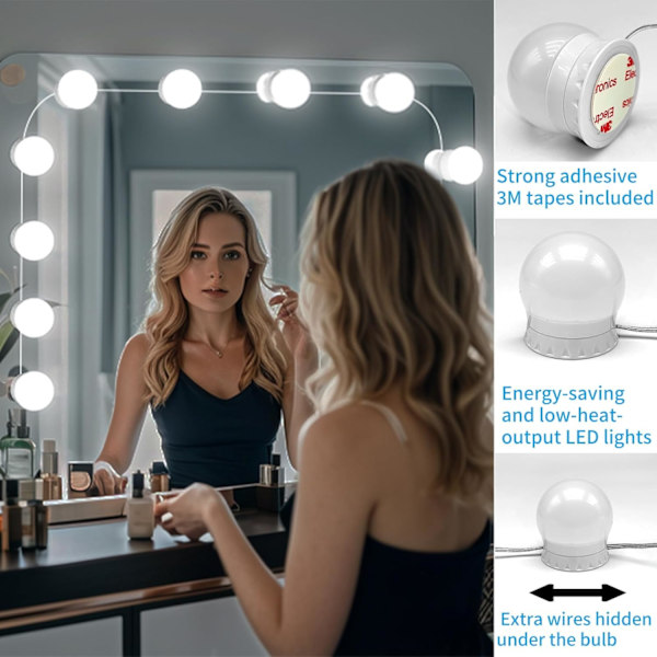 LED-belysning for sminkebord med 14 dimmbare lyspærer, Hollywood-stil, klistremerker for speilbelysning