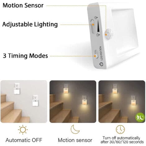 Set of 2 LED Night Lights with Motion Sensor - Dimmable 3500K - 4m Range, 120° Angle - Flame Retardant PC, Class A
