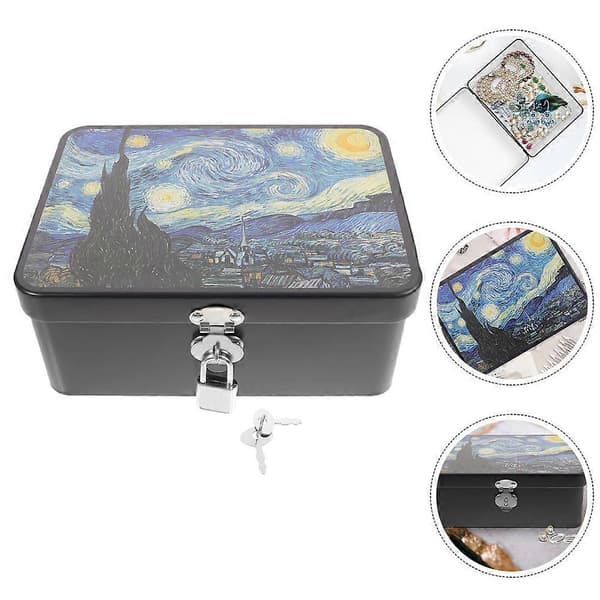 Starry Night Tin Metal Storage Box with Lock for Treasures and Keepsakes