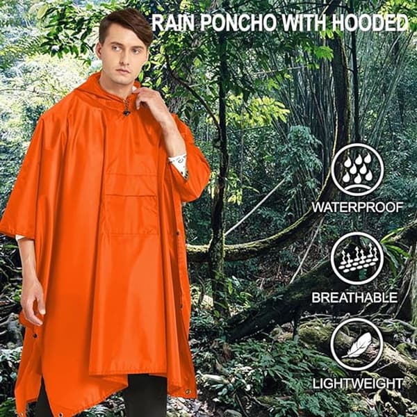 Regnfrakke - Poncho - letvægts - med hætte - til vandreture, camping, udendørs - orange