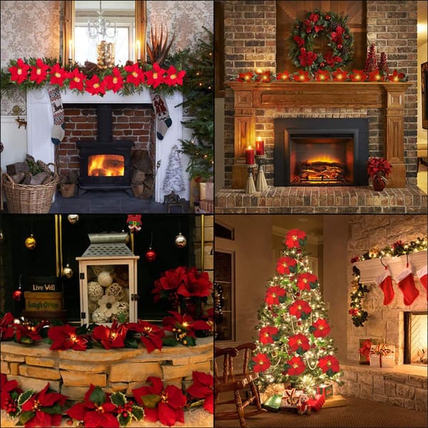 9.8ft Red Christmas Garland with String Lights, Artificial Velvet Flowers