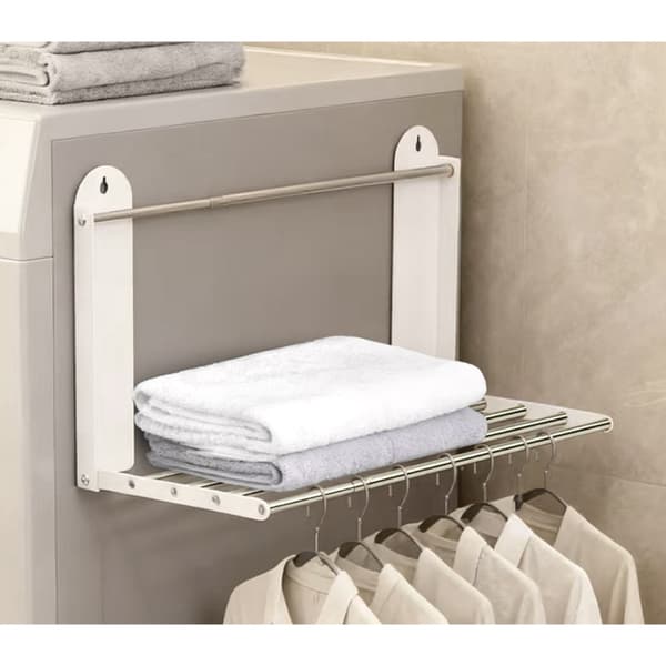 Selvklæbende foldbar væghylde 40x28x25 cm – magnetisk bæreevne til vaskemaskine, altan og badeværelse, rustbeskyttet jernoverflade, pladsbesparende 90°