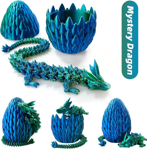 3D-printet drageæg, krystaldrage i drageæg, overraskelsesæg, leddelt drage, gave til drenge og piger