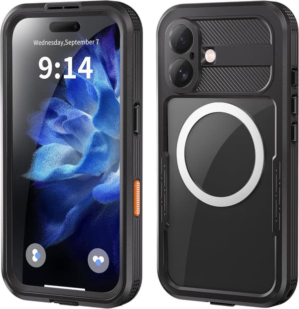 Waterproof Outdoor Case for iPhone 16 - Underwater Diving Case with Wrist Strap - Sensitive Touchscreen - Black
