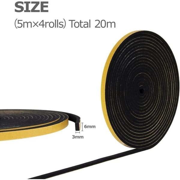 Self-adhesive window insulation strip, 20 m x 6 mm x 3 mm, black, compatible with doors and windows, windproof, rainproof, noise reduction