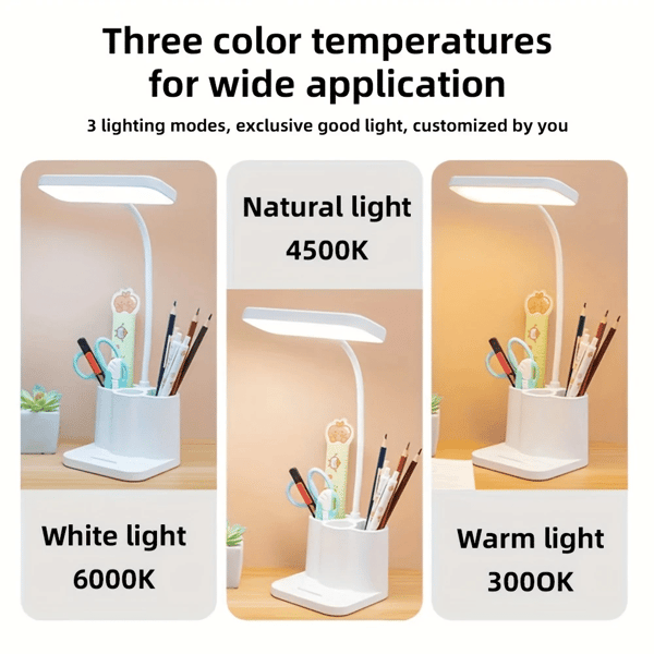 LED Skrivebordslampe, USB Oppladbar Studielampe med Pennholder Hvit White