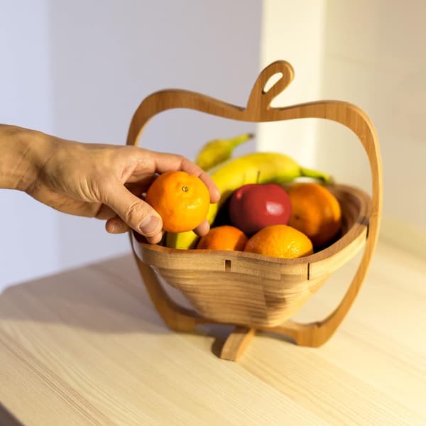 Vikbar Fruktskål i Form av ett Äpple, Bambu, 26 x 14 x 30 cm, Trä, Fruktkorg, Brun