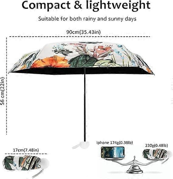Foldable Mini Umbrella, 6 Ribs Compact Umbrella Windproof Strong, Small Umbrella with Watercolor Pattern