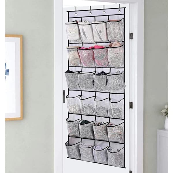 Over the Door Shoe Storage with 24 Large Mesh Pockets, Foldable Hanging Organizer for Closet Bathroom White White