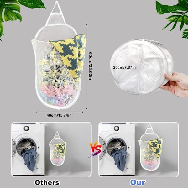 Hanging Laundry Hamper, Large Pop-Up Laundry Storage Basket White Mesh Laundry Basket Foldable Laundry Hamper with Handles (60 x 40 cm)