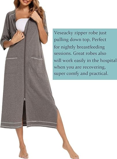 Women's Front Zipper Robe, 3/4 Sleeve, Full Length Pajamas