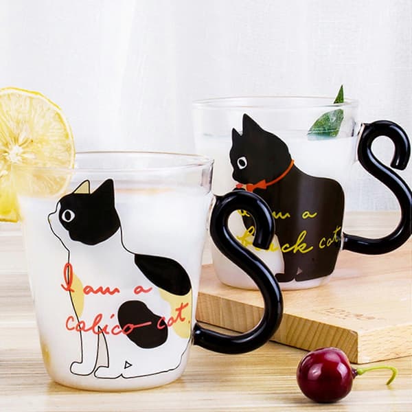 Cute Kitten Glass Water Cup Cat Tail Handle Mug Milk Tea Coffee Fruit Juice Mug Drinkware Home Office