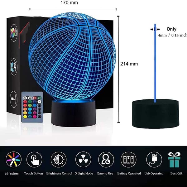 Basketball 3D illusjon bursdagsgave lampe, 16 farger som endres KLB