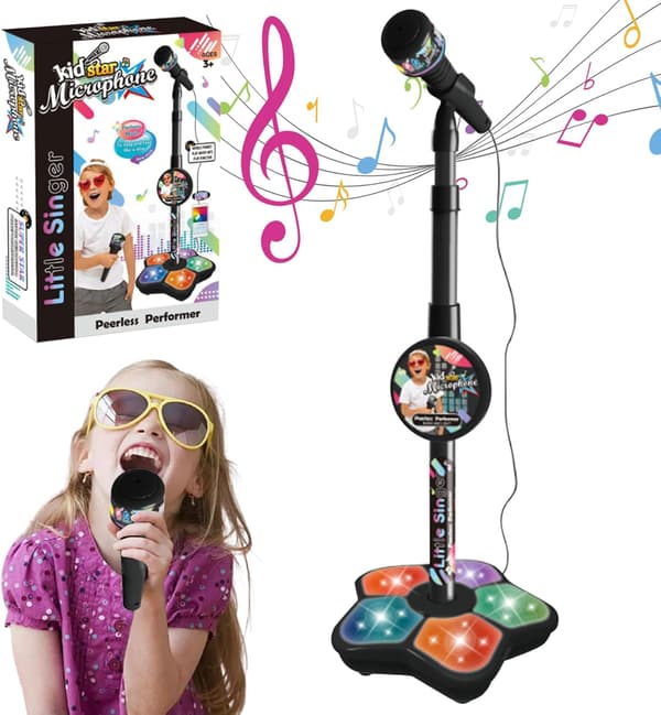 Barnemikrofon med stativ, sangleker for jenter og gutter med musikk og lys, justerbar karaokemaskin med lys for barn