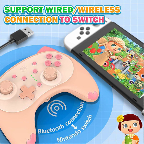 Kompatibel med Switch Controller, Bluetooth Tecknad Kattunge Nintendo Switch Controllers Trådlös, Kawaii Ljus Switch Gaming PC Controller (Rosa)