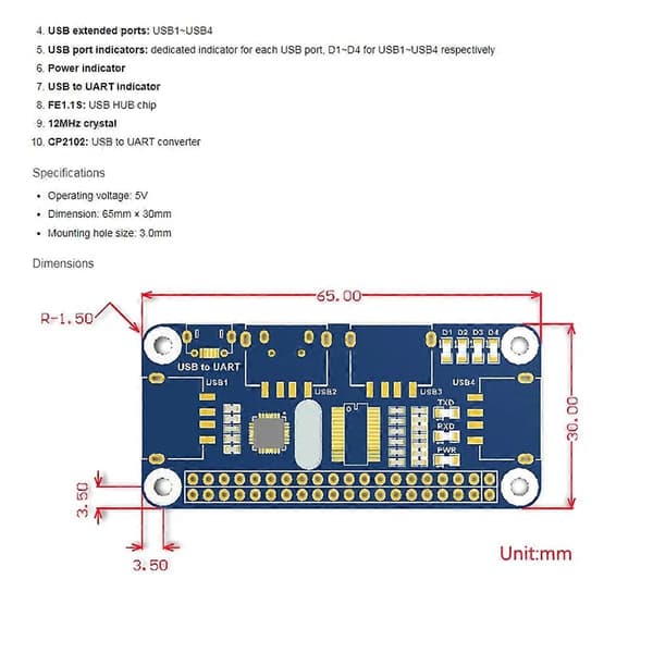 4 Port USB HUB För , USB Till UART Ombord