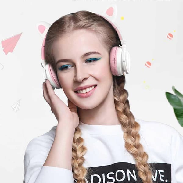 Bluetooth Hörlurar Kattöron LED Trådlösa Vikbara Over Ear Hörlurar - Vit