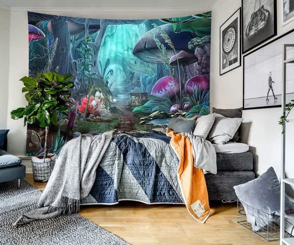 Skogsträdgård vägghängning, psykedelisk hippie-tapet