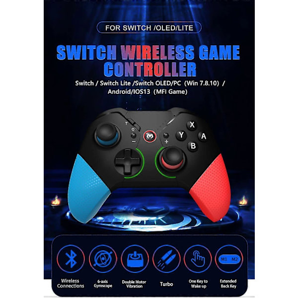 Trådlös Switch-handkontroll Kompatibel med PC/iOS/Android/Lite/OLED, Programmerbara bakre knappar, Layout av ABXY kan ändras (Blå-Röd)