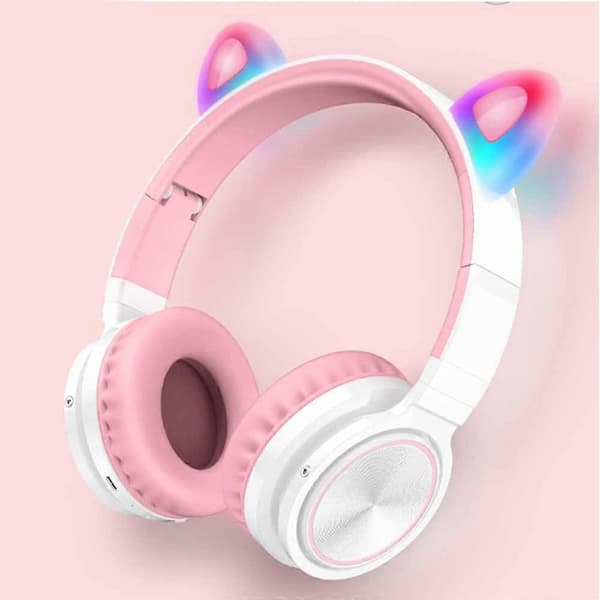 Bluetooth Hörlurar Kattöron LED Trådlösa Vikbara Over Ear Hörlurar - Vit