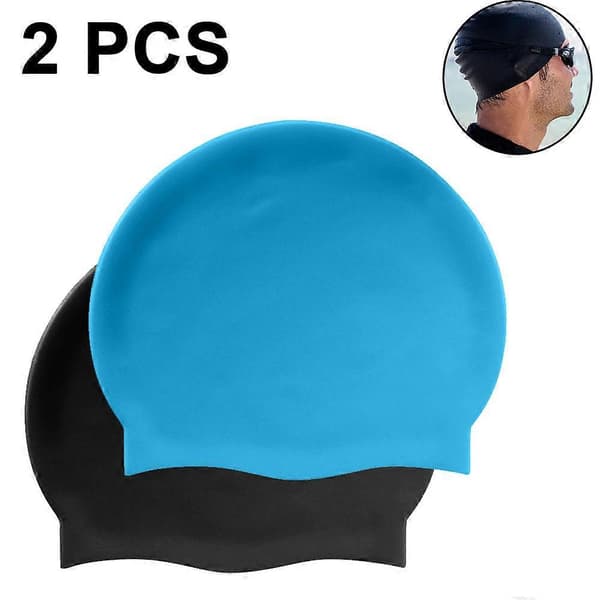 Simmössa för långt hår - Silikonbadmössor för flickor, barn, vuxna (2-pack) - blå+svart -