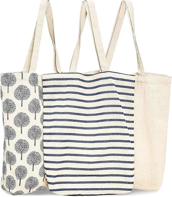 3-pack återanvändbara shoppingväskor i bomull, 3 designer, 38 x 42 x 9 cm