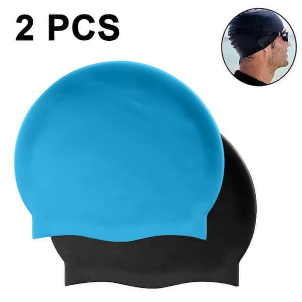 Simmössa för långt hår - Silikonbadmössor för flickor, barn, vuxna (2-pack) - blå+svart -