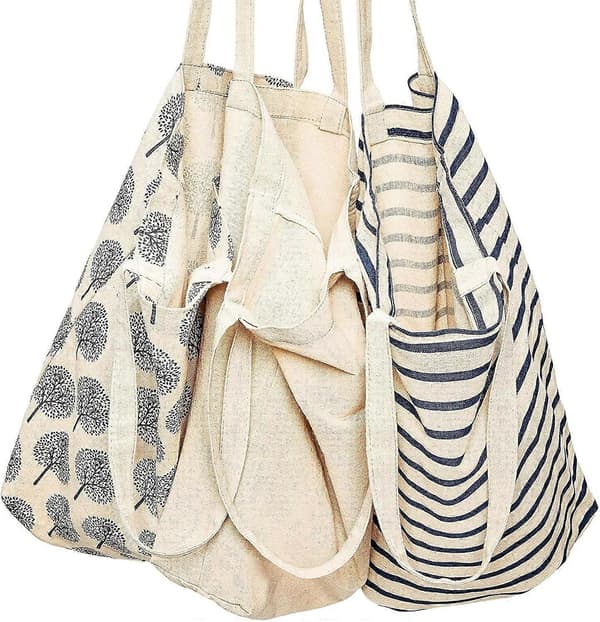 3-pack återanvändbara shoppingväskor i bomull, 3 designer, 38 x 42 x 9 cm