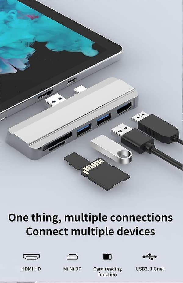 För Surface Pro 6 5 4 Hub med 4K HDMI-kompatibel USB 3.0 TF-kortplats (Silver)