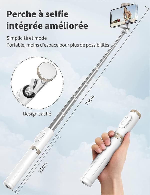 Vit Förstärkt Selfiestick, Selfiestick Stativ Teleskopisk Justerbar Monopod Uppgraderad Aluminiumlegering för iPhone och Android