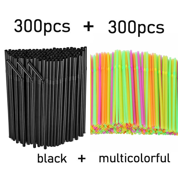 300st svart sugrör + 300st mångfärgade flexibla sugrör black 300 pc + multicolor 300 pc