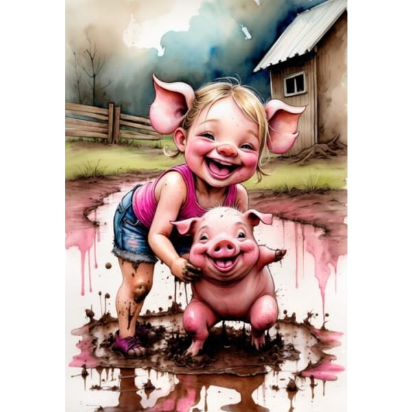 3st Barnrum Flicka som leker med gris Affisch  50×70 CM