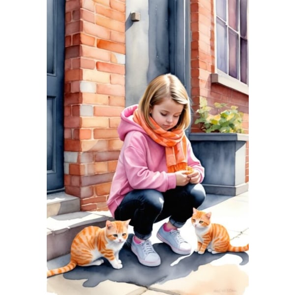 3st Barnrum Söt tjej Sitter med Katter Affisch 50×70 CM