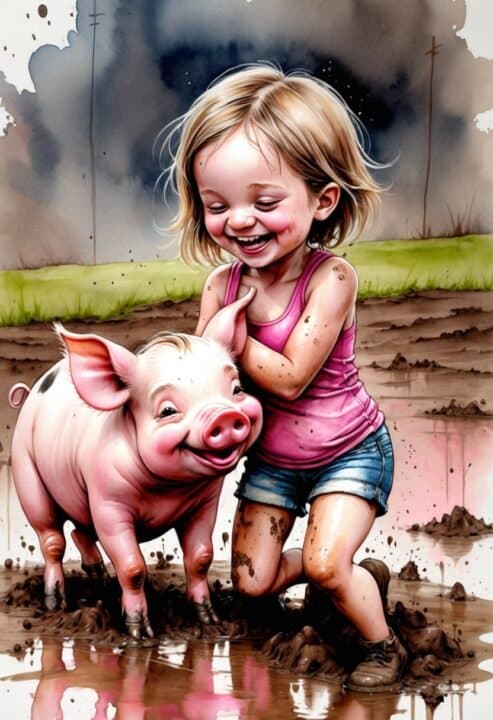 3st Barnrum Flicka som leker med gris Affisch  30×40 CM