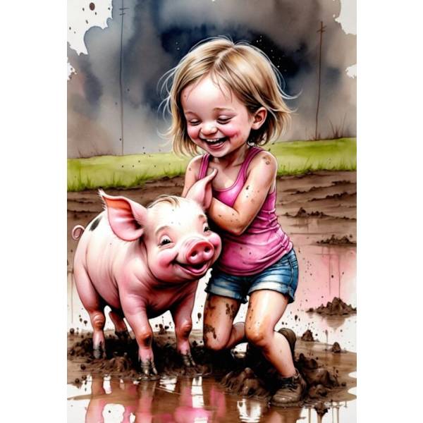 3st Barnrum Flicka som leker med gris Affisch  40×50 CM