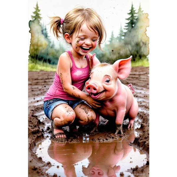 3st Barnrum Flicka som leker med gris Affisch  30×40 CM