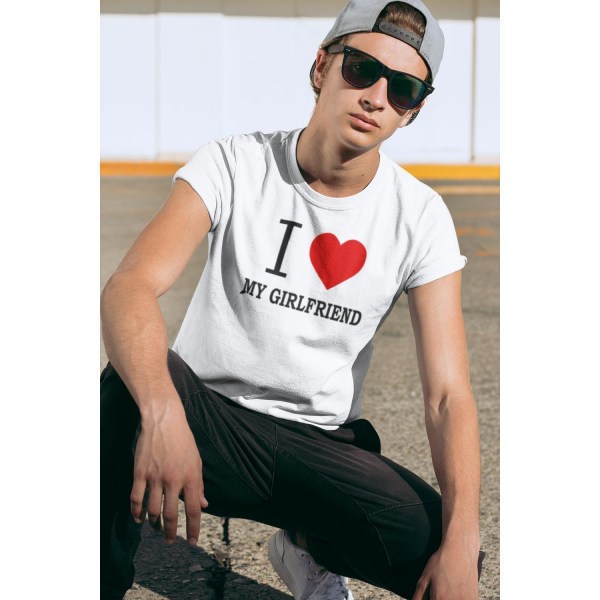 Vit T-shirt I love my Girlfriend heart tryck XL