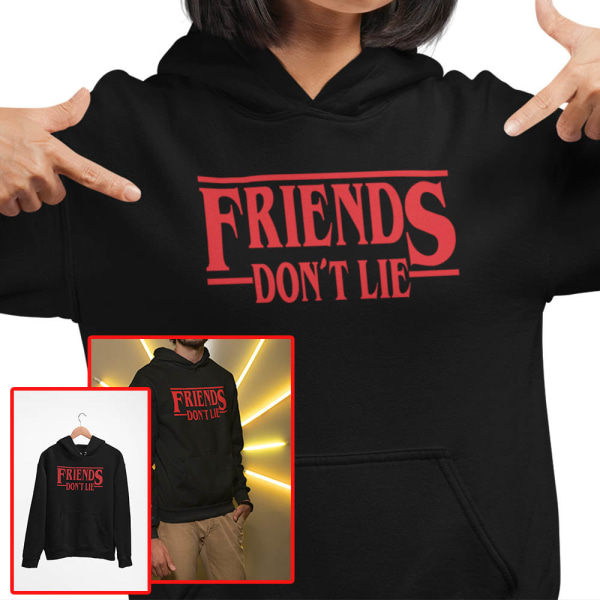 Friends don't lie svart huvtröja stranger things hoodie t-shirt Large