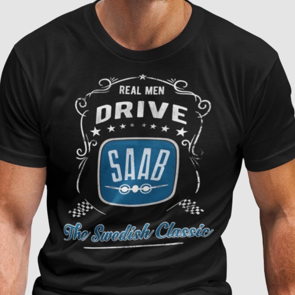 Saab T-paita musta vintage tyyli Real men drive saab t-paita XXL