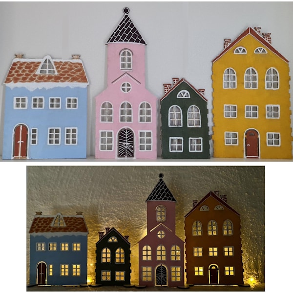 Set med 4 hus i vit MDF - Fristående möjlighet att måla själv - pyssel idé Vit