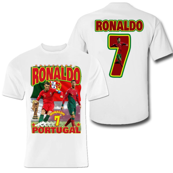 T-paita Ronaldo Portugal urheilupaita printti edessä ja takana White M