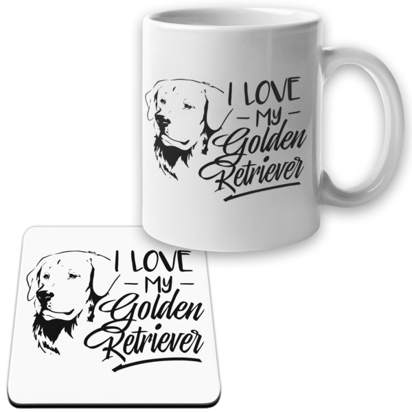 Golden Retriever Krus + Coaster pakke I Love hundesæt