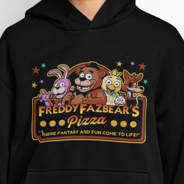 FNAF Musta huppari Freddy Fazbear Pizza -designilla XL