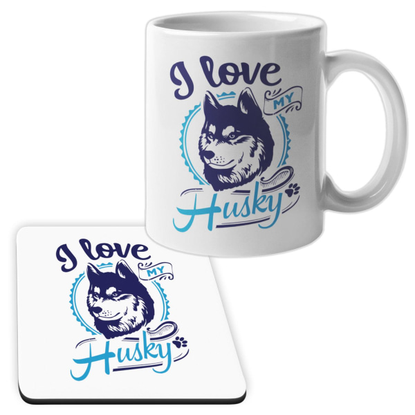 Huskey Mug + Coaster pakke I Love hundesæt
