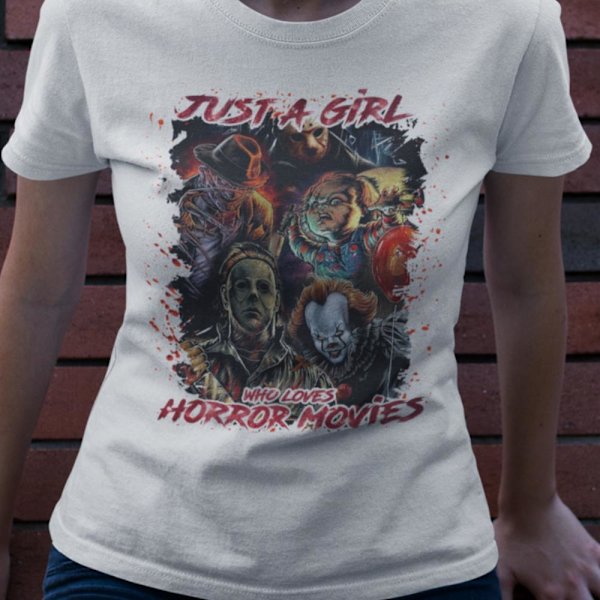 Horror dam Vit t-shirt - Just a girl that loves horror movies L