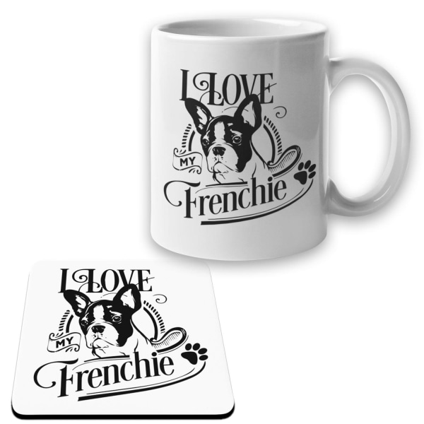 French Bulldog Krus + Coaster pakke I Love Frenchie hundesæt