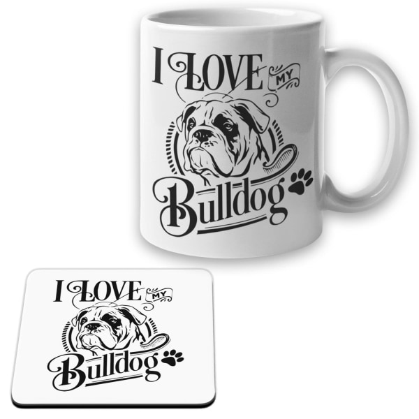 Bulldog Mugg + Underlägg paket I Love hund set