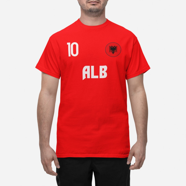 Albanian maajoukkueen punainen t-paita, jossa ALB ja 10 jalkapallo euroa24 S